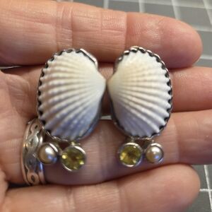 Echo Of The Dreamer Clip-on Sterling Silver Earings. With Shells, Pearls, Topaz.